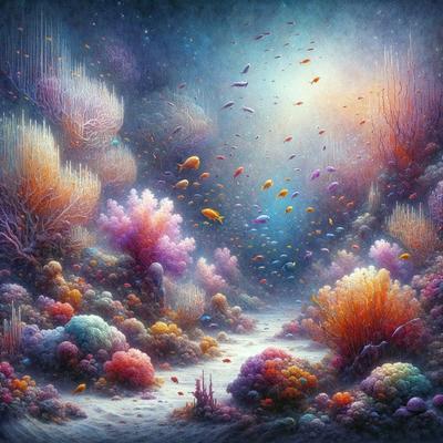 The primary subject of the image is a vibrant underwater scene filled with colorful coral reefs and various marine life. The setting is a blue ocean with a sunlight background, creating a serene and lively atmosphere. The visual style is a digital art or illustration, showcasing the artist's creativity and attention to detail. The colors and mood are predominantly warm and inviting, with a sense of wonder and exploration.